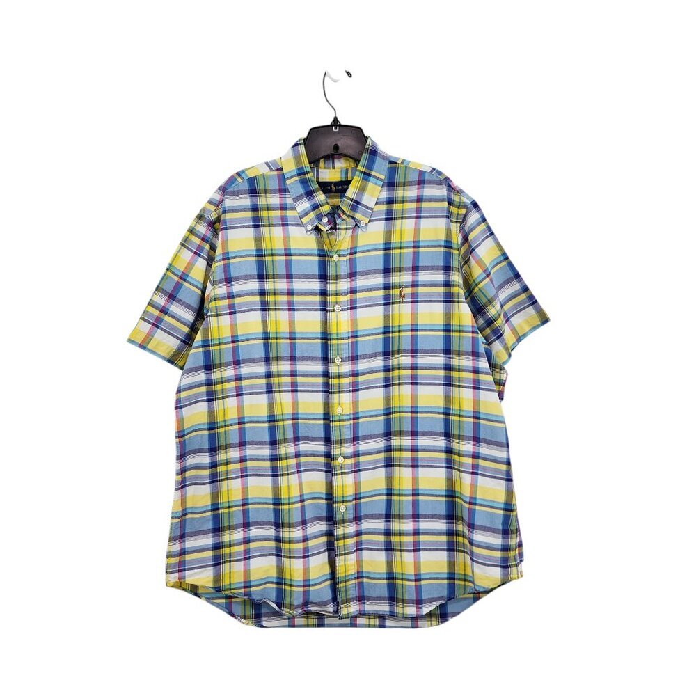 Ralph Lauren Men's Blue Yellow Plaid Short Sleeve Button Down Shirt Sz XL
